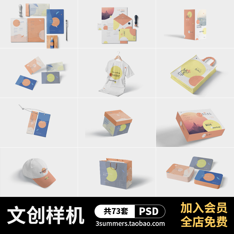 清新文创品牌VI设计样机智能贴图标志包装礼盒服装效果图PSD素材