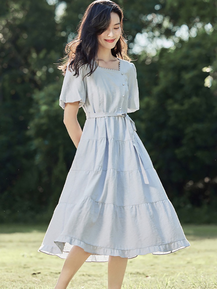 茵曼法式方领短袖连衣裙女士2023年夏季新款纯棉收腰裙子小个子