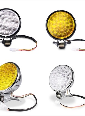 复古摩托车改装金属大灯头灯复古黑色大灯黄色玻璃前LED照明灯