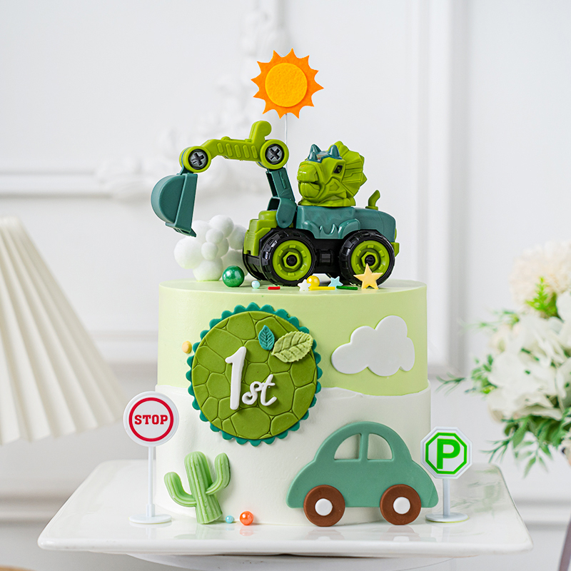 儿童恐龙工程车烘焙蛋糕装饰摆件挖土机小汽车男孩生日派对装扮