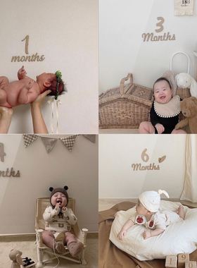 森系数字生日月龄月份新生儿宝宝拍照道具12个月成长记录木质贴牌