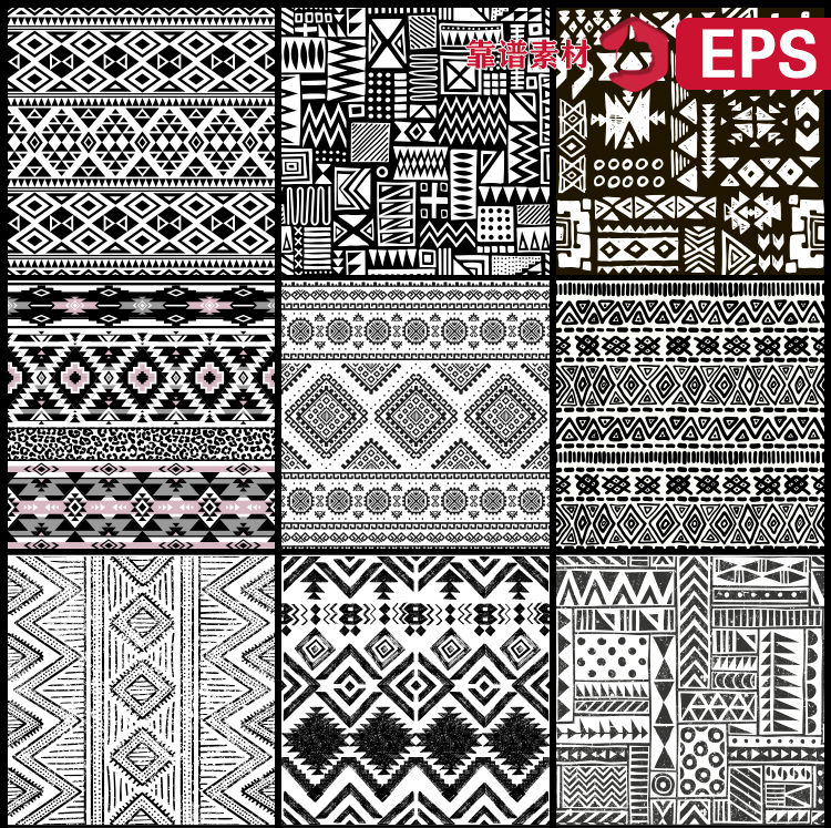 传统黑白抽象几何花纹服装墙纸无缝印花图案EPS设计素材