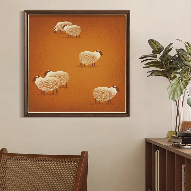 小众艺术白绵羊客厅装饰画儿童房间卧室动物挂画玄关黄色手绘油画