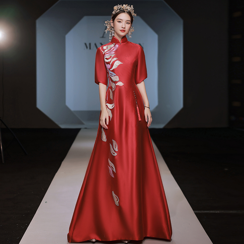 中国风复古走秀旗袍高端舞台演出服古筝演奏主持人礼服女高端红色