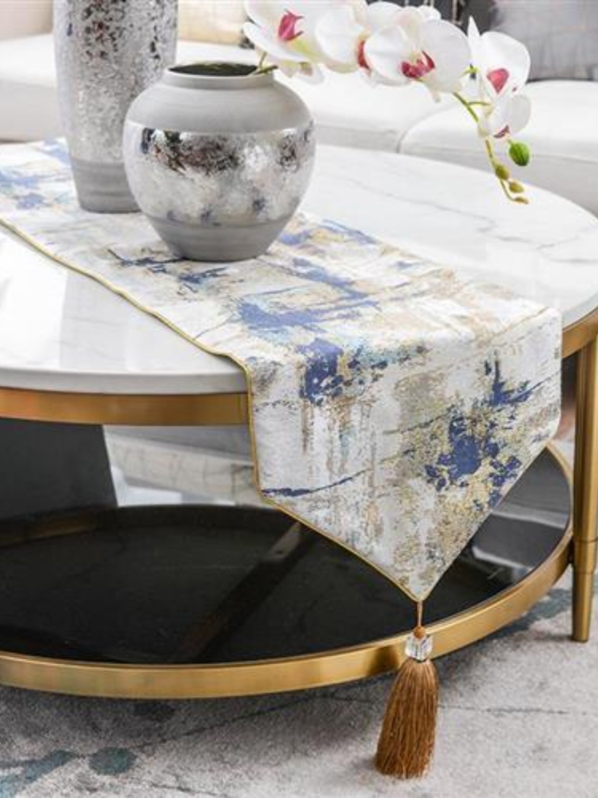 品抽象蓝色风景图案桌旗轻奢样板房简约现代新中式餐边柜盖布茶新