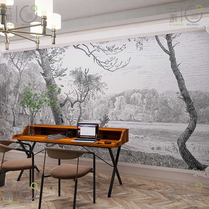 法式高级感黑白丛林墙布客厅玄关沙发背景墙纸复古风油画艺术壁纸