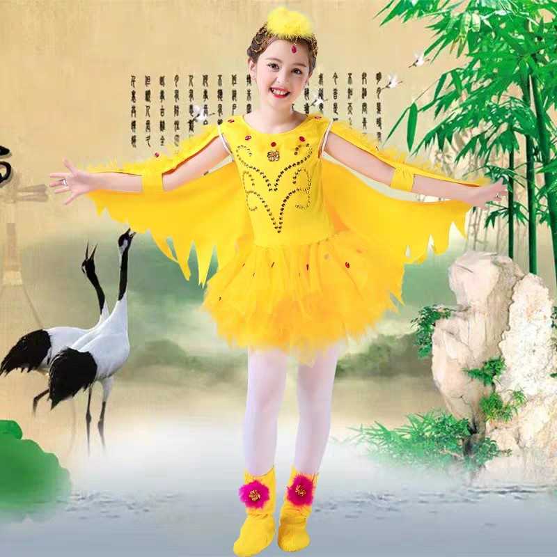 新款儿童女表演服小黄鹂鸟演出裙黄色动物服蓬蓬裙布谷鸟的春天带
