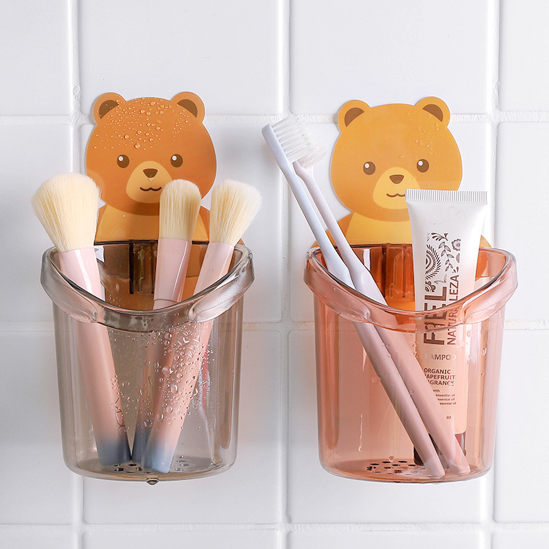 卡通挂壁式小熊笔筒收纳盒简约创意化妆品收纳筒卫生间牙刷梳子架