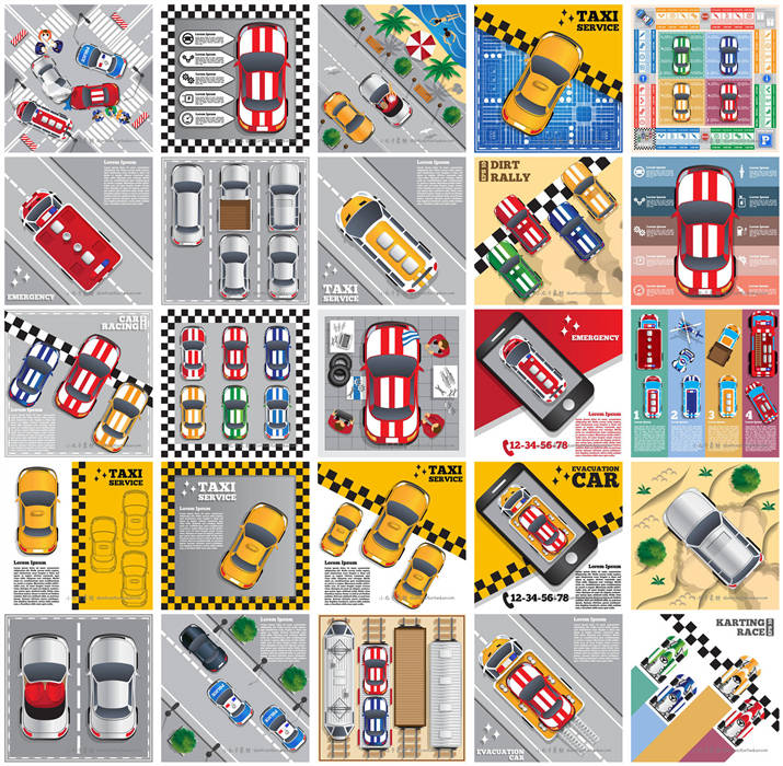 A0217矢量AI设计素材 卡通汽车交通道路插画信息图俯视图