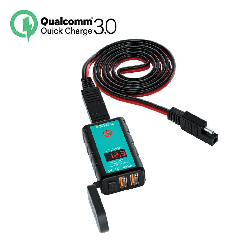 摩托车SAE插头1m线转USB手机充电器双QC3.0方形充电器电压表防水