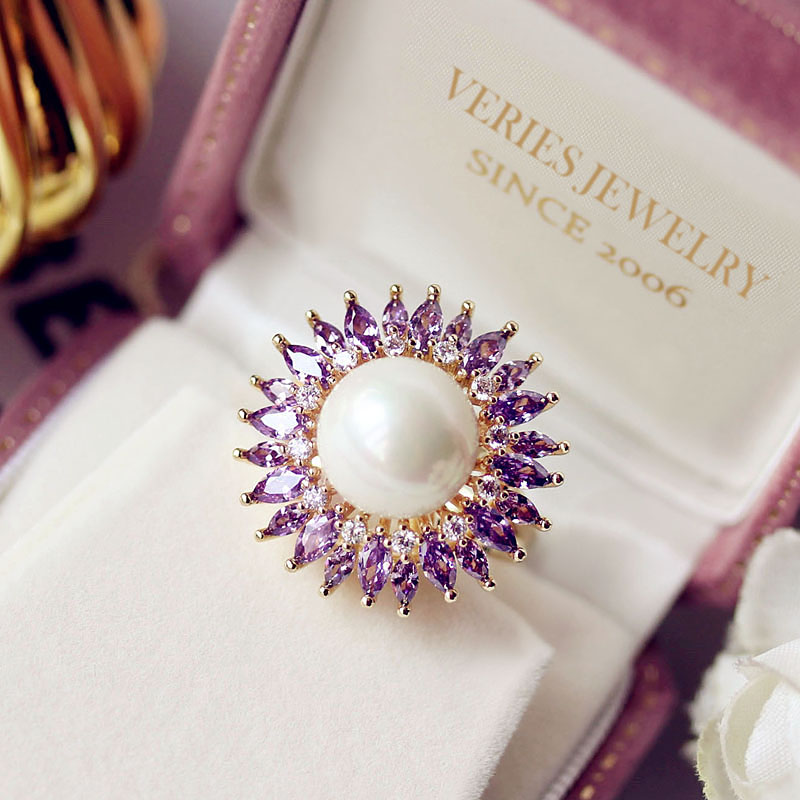 复古宫廷紫钻珍珠花朵戒指女网红开口可调节中食指戒优雅气质指环