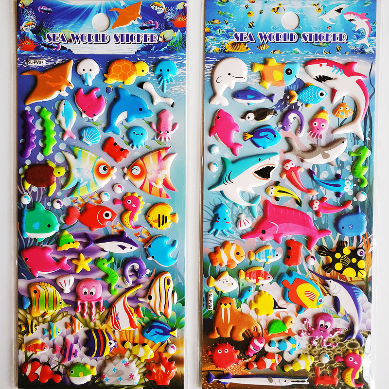 儿童鱼类贴纸海洋生物海底鱼海豚鲨鱼3D立体奖励贴卡通泡泡粘贴画