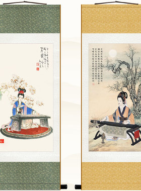仕女抚琴图 古代美女古筝弹琴人物画像I 中式卷轴挂画装饰画绢布