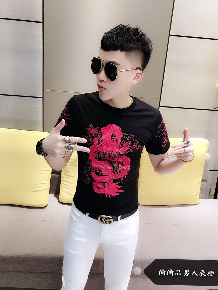 中国风龙图案刺绣修身短袖T恤2024夏季新款韩版帅气圆领半袖男t潮
