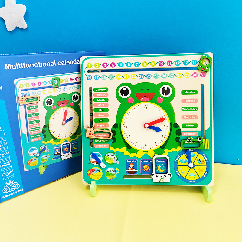 儿童时钟教具英语认识钟表和时间日历天气认知板英文学习星期幼儿