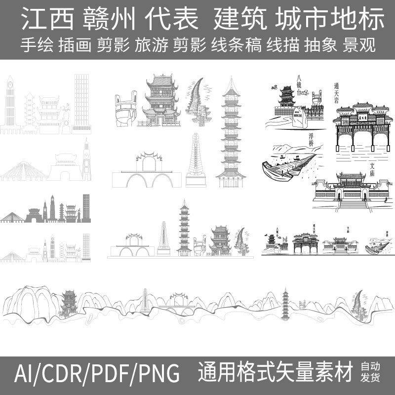赣州江西建筑城市地标天际线条描稿手绘旅游设计景观剪影插画素材