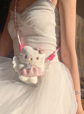 可爱粉裙子凯蒂猫斜跨手机背夹通用毛绒可拆卸手机壳背夹斜挎挂绳