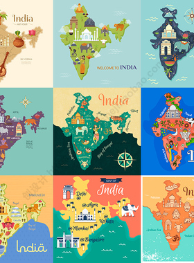 印度旅游地图 扁平化卡通旅行景点分布图插画 AI格式矢量设计素材