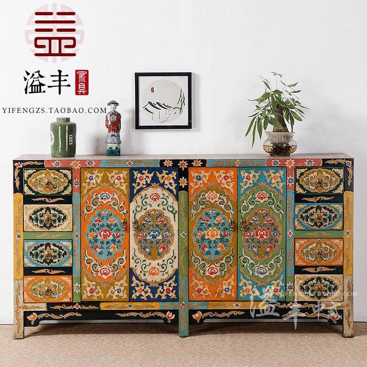 新中式仿古实木手绘玄关柜彩绘做旧鞋柜复古彩漆餐边柜客厅装饰柜