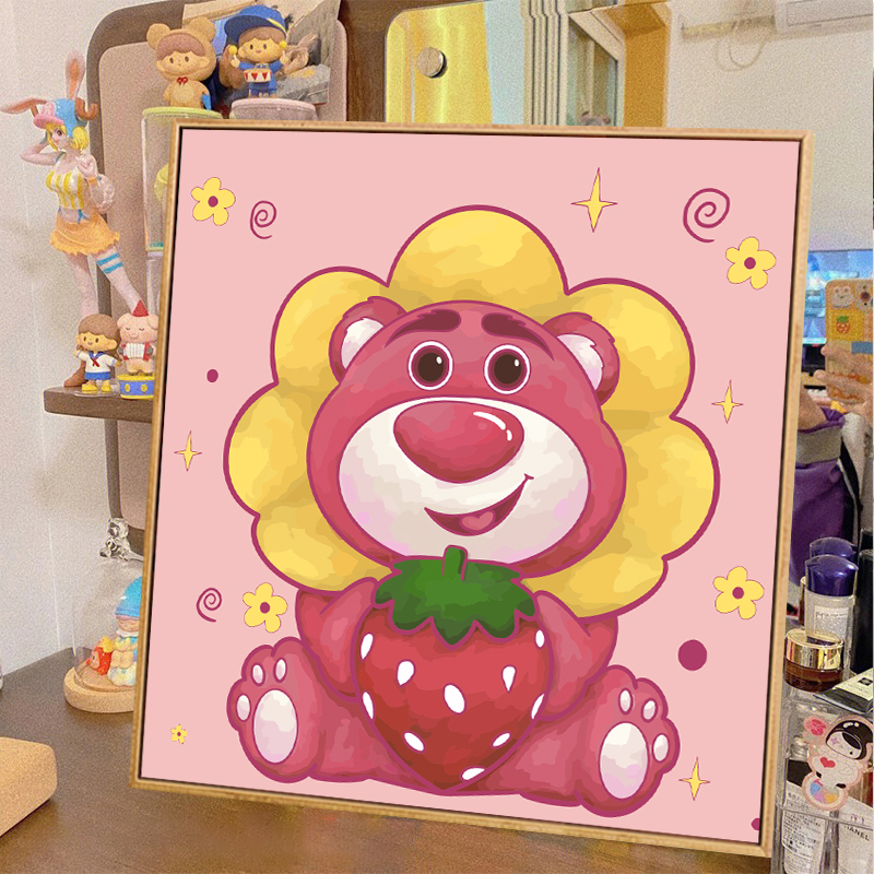 草莓熊数字油画diy儿童手工油彩小尺寸简单丙烯画画填色填充装饰
