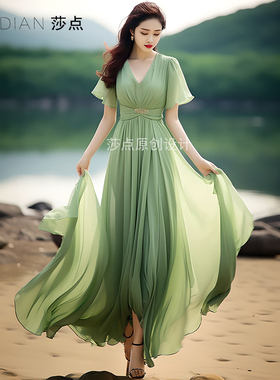 夏天连衣裙女绿色雪纺裙短袖到脚踝长裙漂亮好看度假裙海边沙滩裙