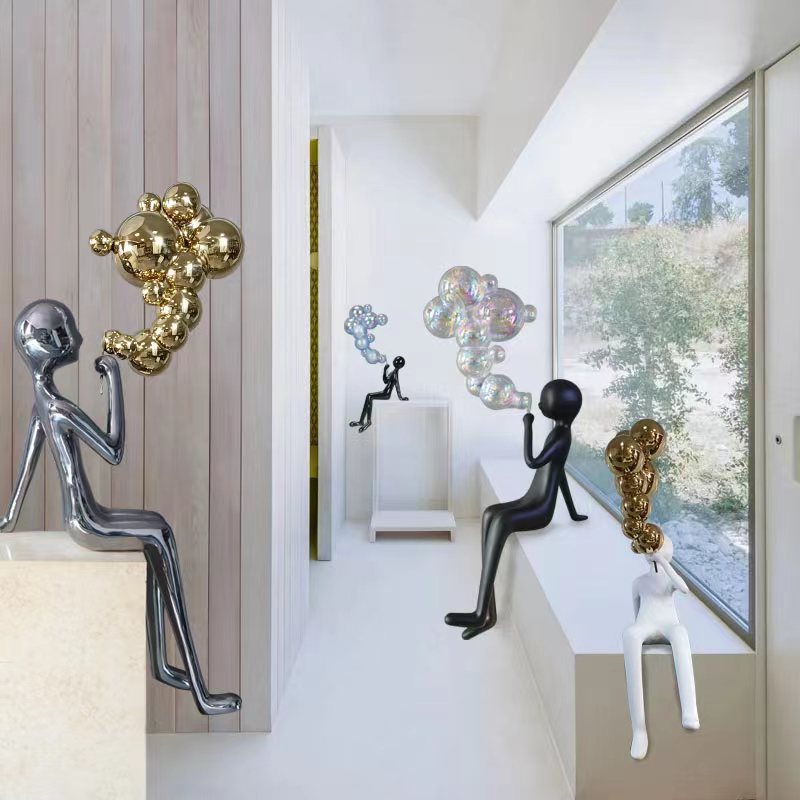 现代卡通软装吹泡泡人物创意雕塑玻璃钢新居乔迁客厅灯饰装修摆件