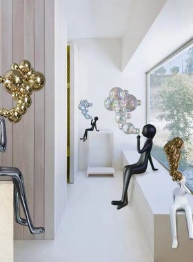 现代卡通软装吹泡泡人物创意雕塑玻璃钢新居乔迁客厅装修坐立摆件
