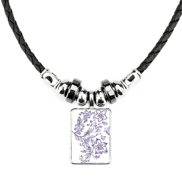 浅紫色花纹蝴蝶植物纹样手工皮绳项链吊坠饰品