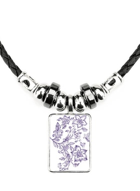 浅紫色花纹蝴蝶植物纹样手工皮绳项链吊坠饰品