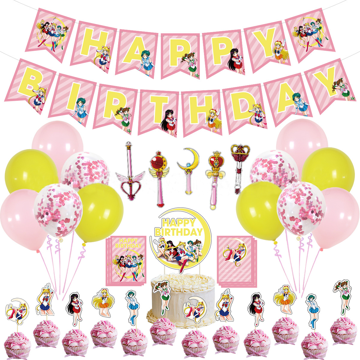 美少女战士生日派对装饰月野兔水兵月横幅拉旗气球粉红色可爱动漫