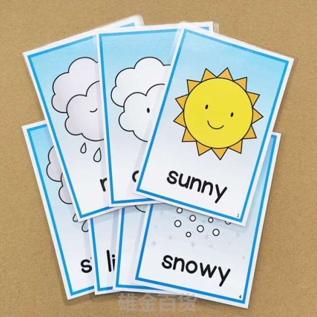 四季英语单词天气教具卡片早教季节幼儿塑封英文冷暖宝宝感受