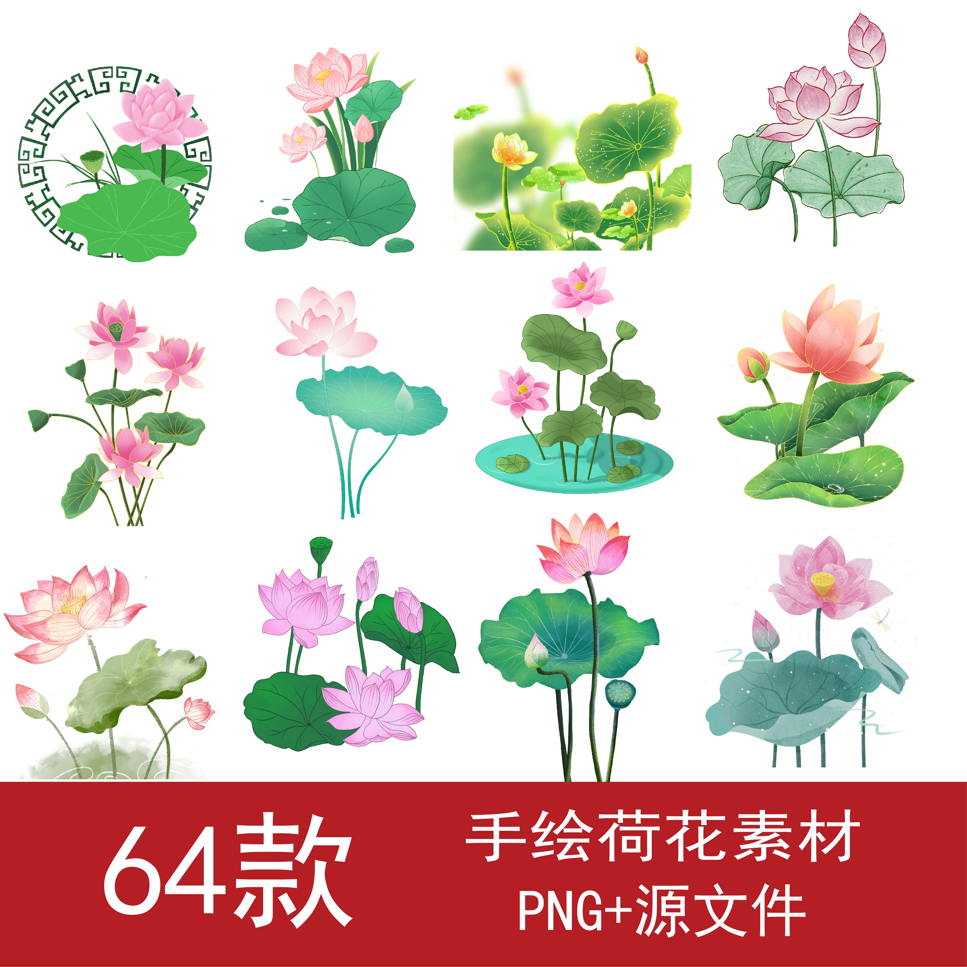 手绘荷花荷叶夏天植物花卉中国风国潮风PNG免扣素材插画元素图片