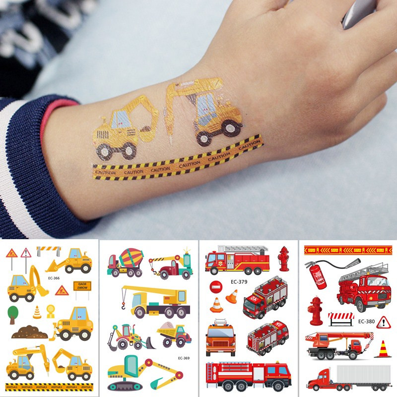 环保无毒卡通纹身贴 儿童工程车消防车交通工具认知玩具文身贴画