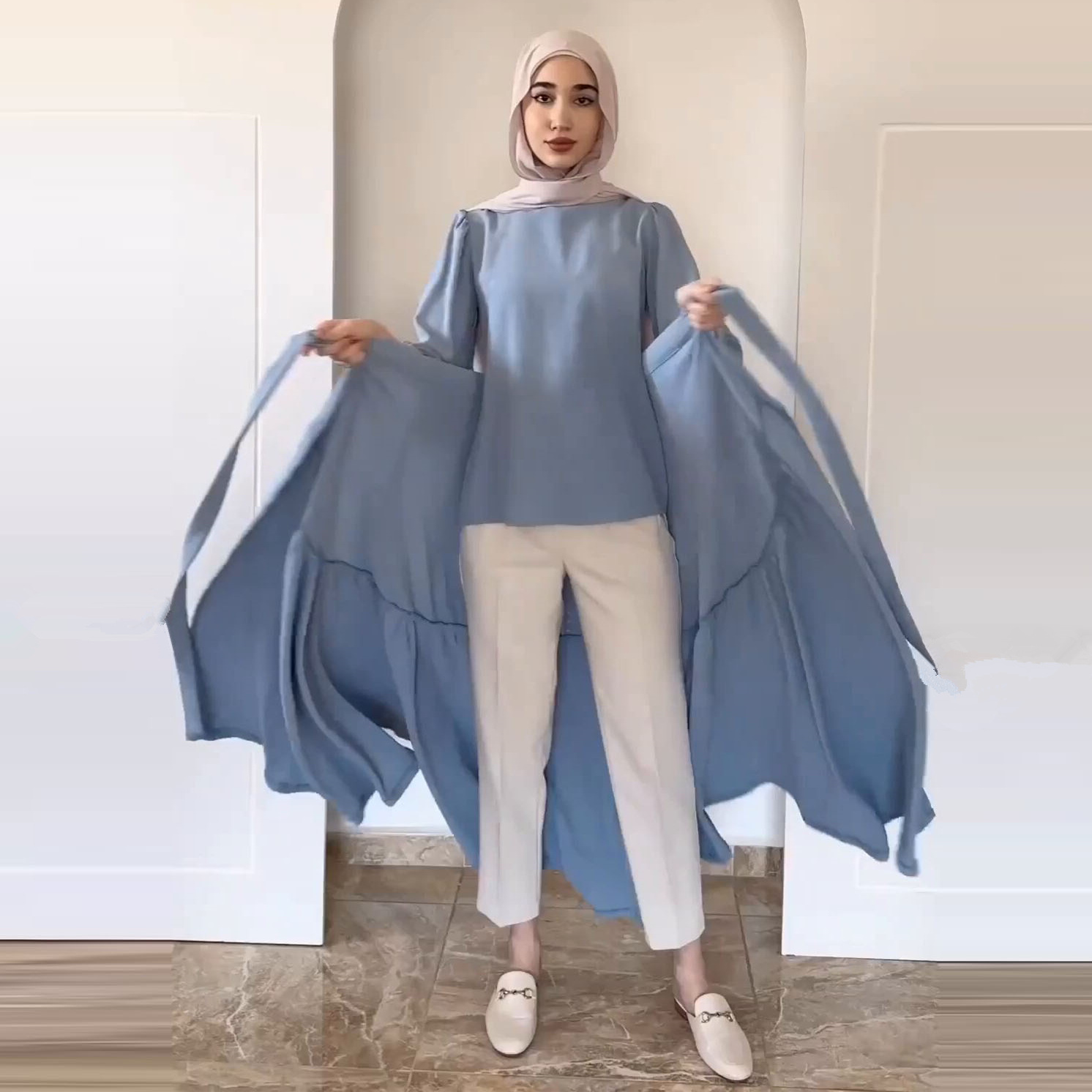 现货中东阿拉伯穆斯林迪拜2023秋新款时尚长袖系带半身连衣裙套装