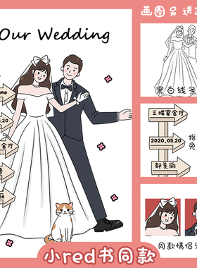 婚礼logo线条手绘头像卡通漫画婚纱人形立牌设计Q版定制照片制作