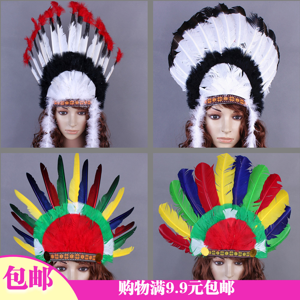 1万圣节野人COS羽毛头饰印第安羽毛头饰红白黑羽毛印第安酋长帽