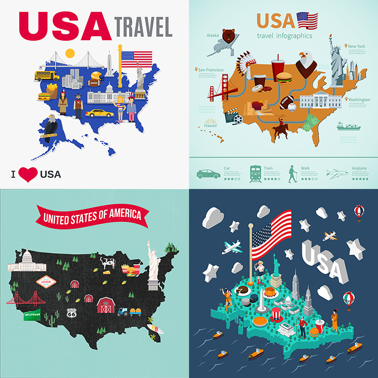 美国旅游地图 卡通旅行景点分布图 非实物 AI格式矢量设计素材