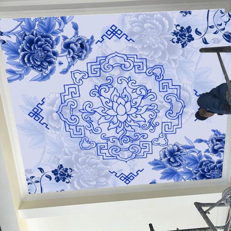 中式青花瓷莲花牡丹花吊顶装饰壁纸方形吉祥图天花板壁画素雅墙纸
