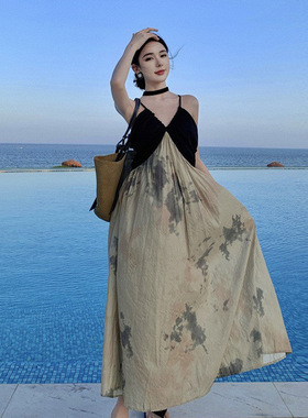 法式气质海边度假长裙子质感高级感新中式水墨画v领吊带连衣裙夏