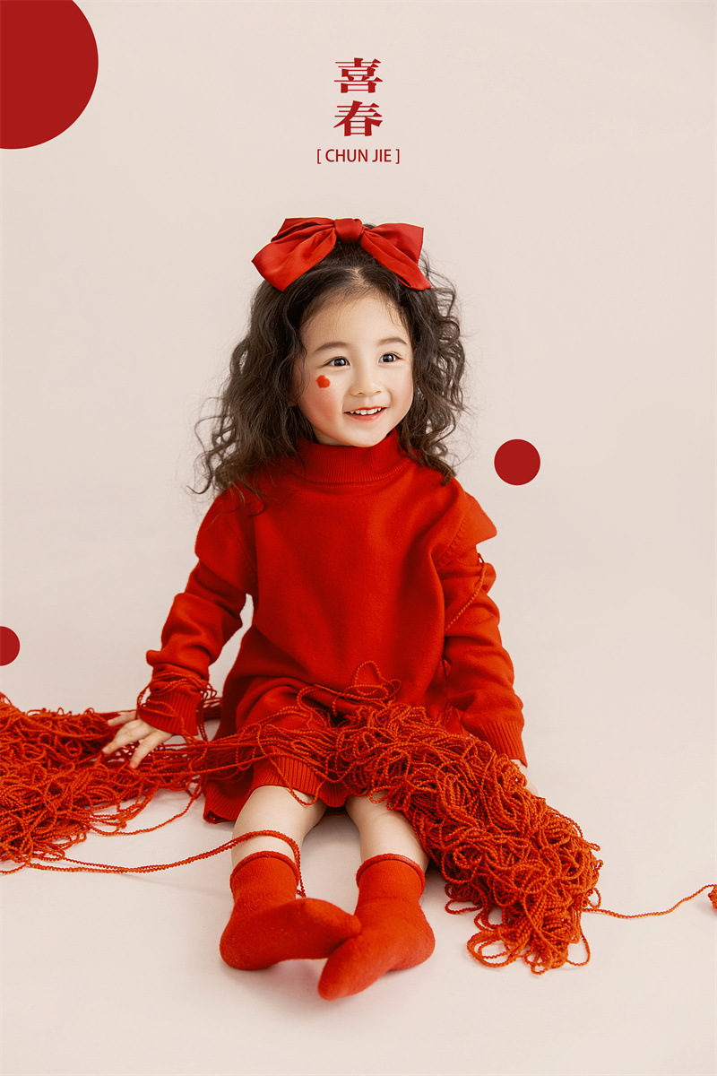 新年拍照服女童中国红高领韩版毛衣冬季新款儿童影楼摄影4-10岁
