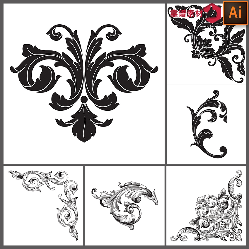 黑白矢量线描路径复古欧式花纹边框精雕装饰设计素材