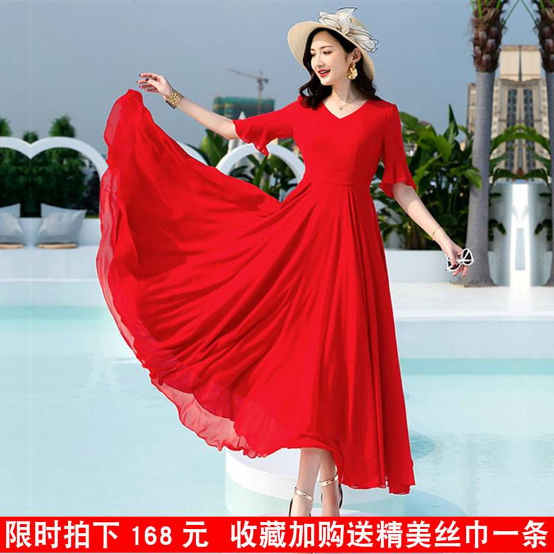2023新款夏季沙滩长裙红色雪纺连衣裙女长款大摆显瘦超长裙子仙黑