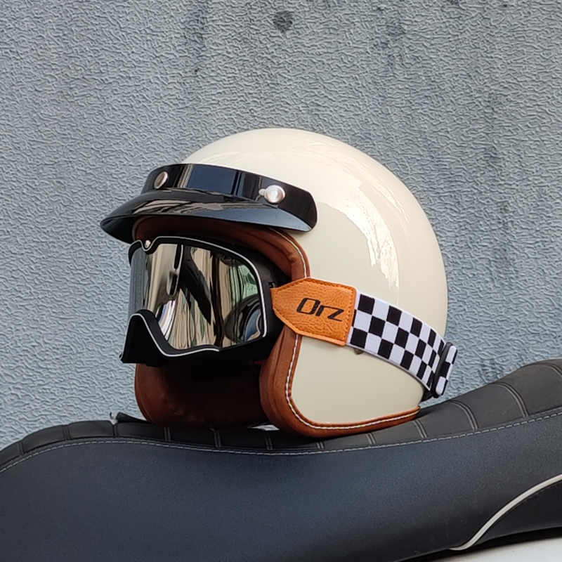 ORZ复古摩托车头盔男女哈雷半盔机车安全帽3/4盔风镜闪300 3C认证