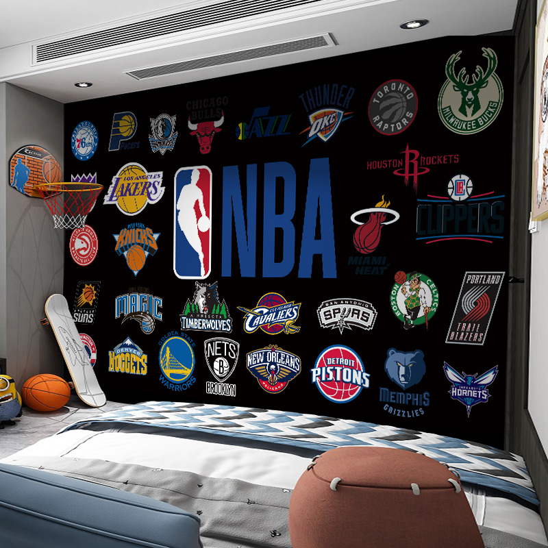 墙贴NBA篮球logo背景湖人勇士标志队标学生宿舍床边房间装饰自沾