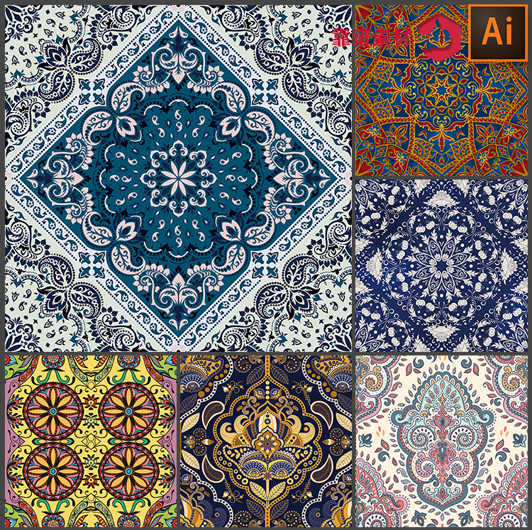 传统纹样民族风方巾地毯挂毯对称曼陀罗花纹图案矢量设计素材