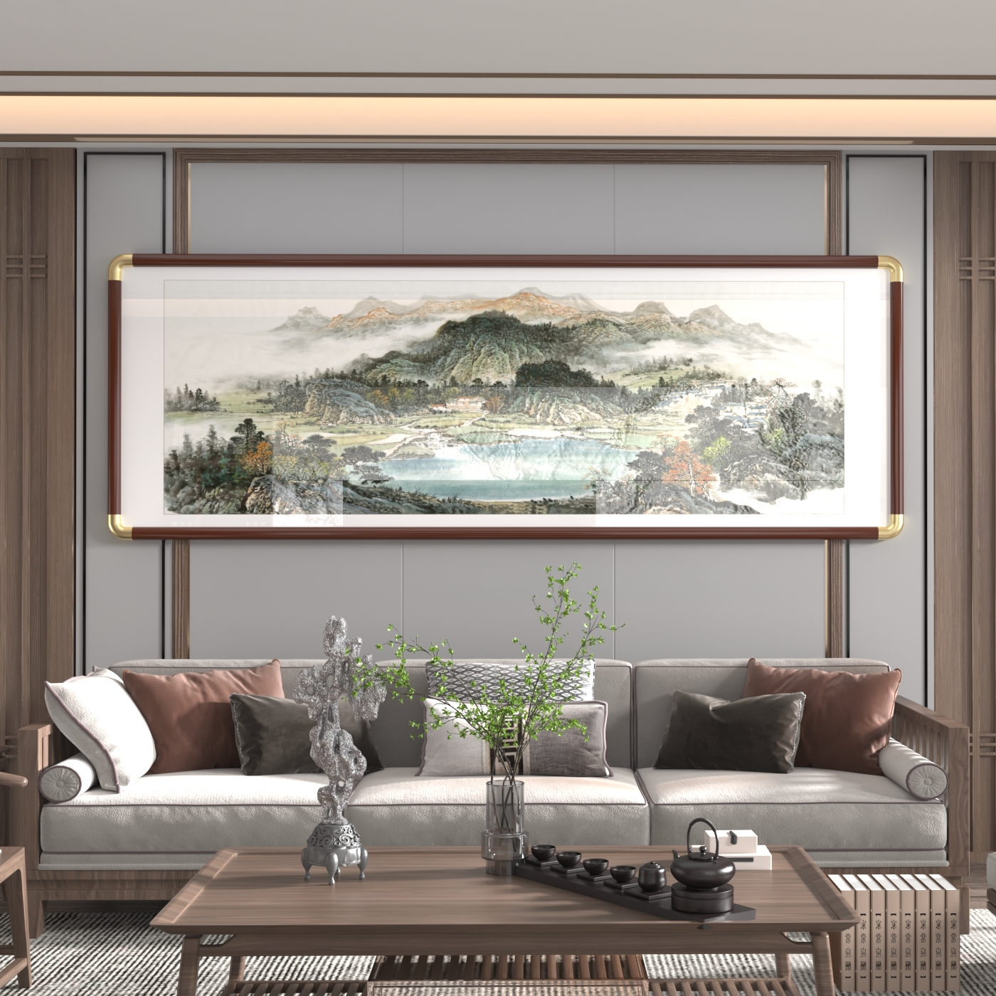 聚宝盆山水画客厅茶室装饰画沙发背景墙挂画流水生财壁画中式国画