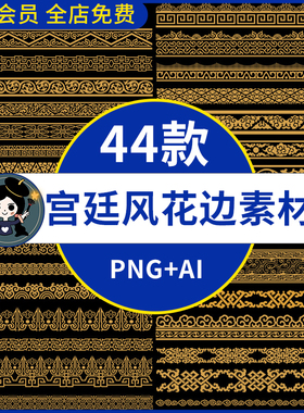 中国风传统中式古典宫廷风复古金色花边花纹边框png免抠图ai素材