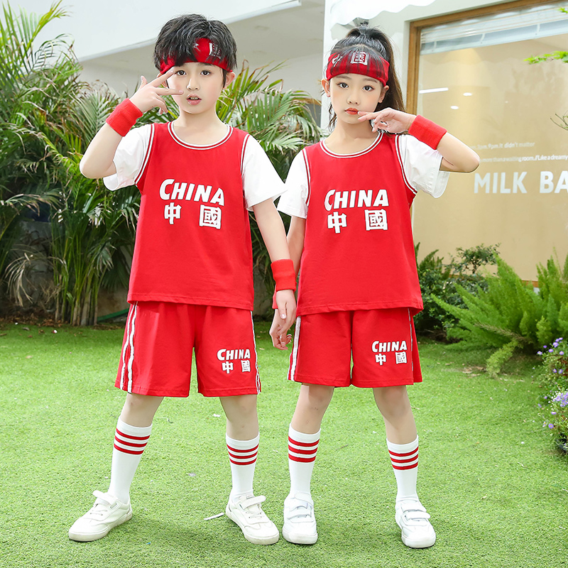 男童篮球服纯棉薄款夏装幼儿园表演服中国中大童运动儿童短袖套装