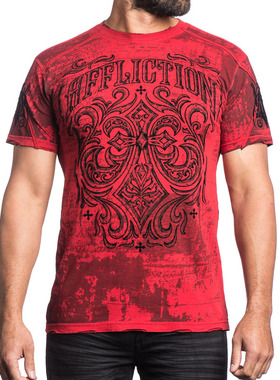 美产AFFLICTION哈雷摩托车骑士水洗修身纯棉夏季短袖T恤红色破旧