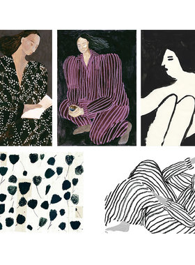 北欧简约抽象几何线条人物手绘油画组合装饰画画芯背胶贴画海报